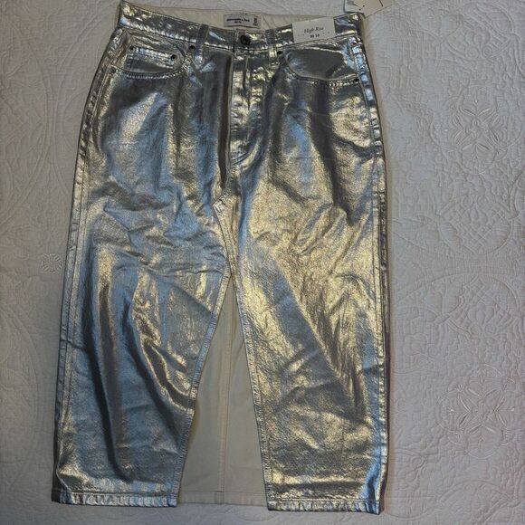 Abercrombie‎ & Fitch Metallic Silver Denim Midi Skirt Sz 10 Streetwear Urban - Picture 5 of 11